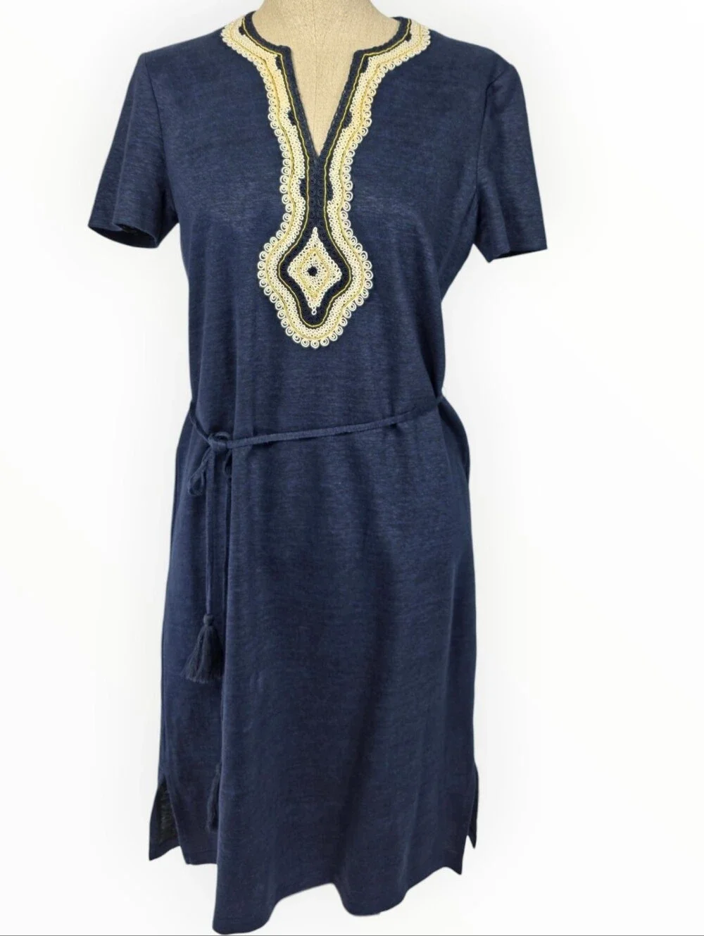 Tory Burch Liliana Soutache Linen Dress XS TP Navy Blue Embroidered Tunic